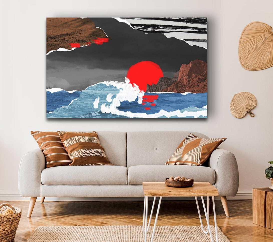 Picture of Cut Out Mountain Ocean Red Sun Canvas Print Wall Art