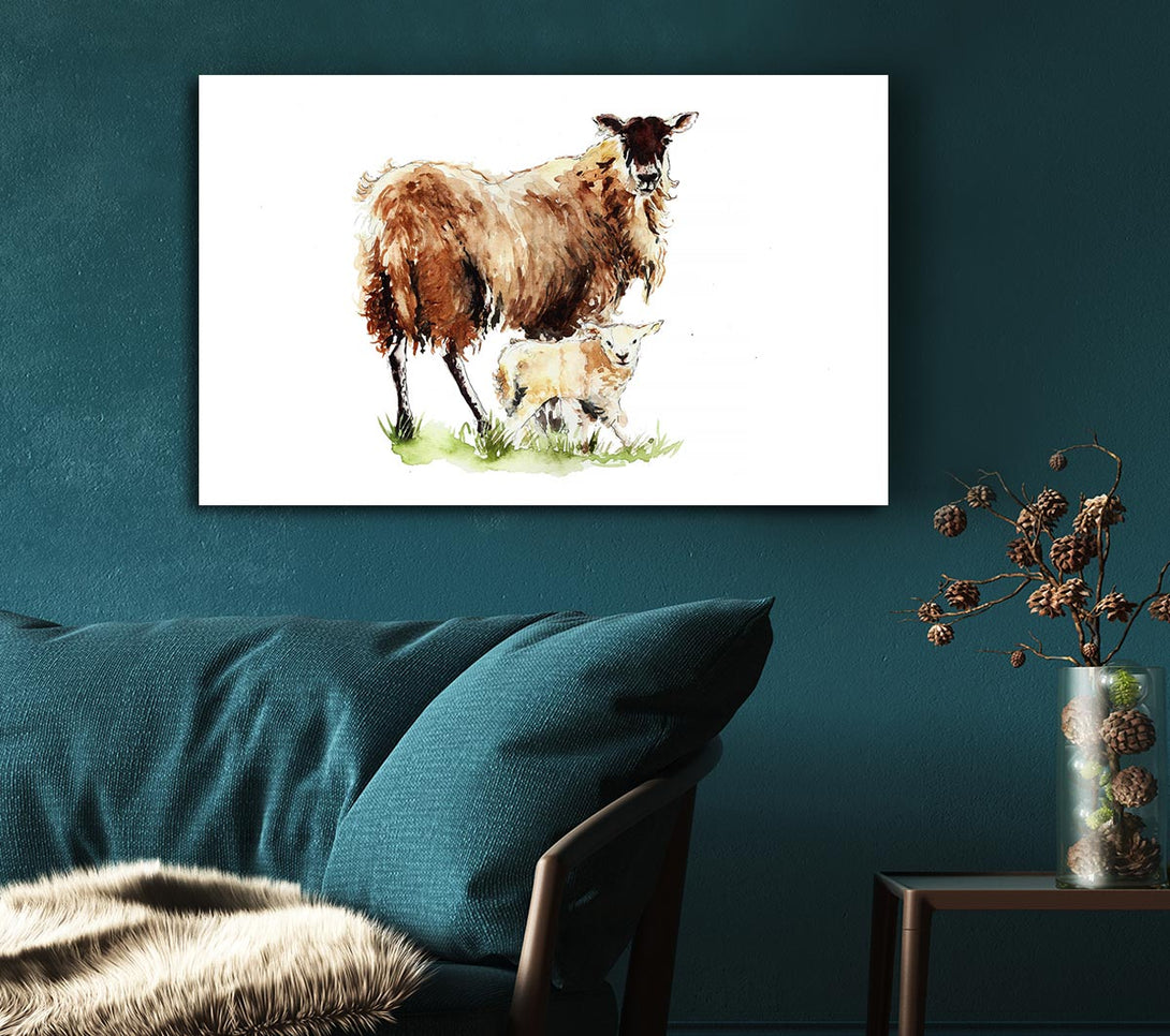 Picture of Mother and Baby Lambs Canvas Print Wall Art