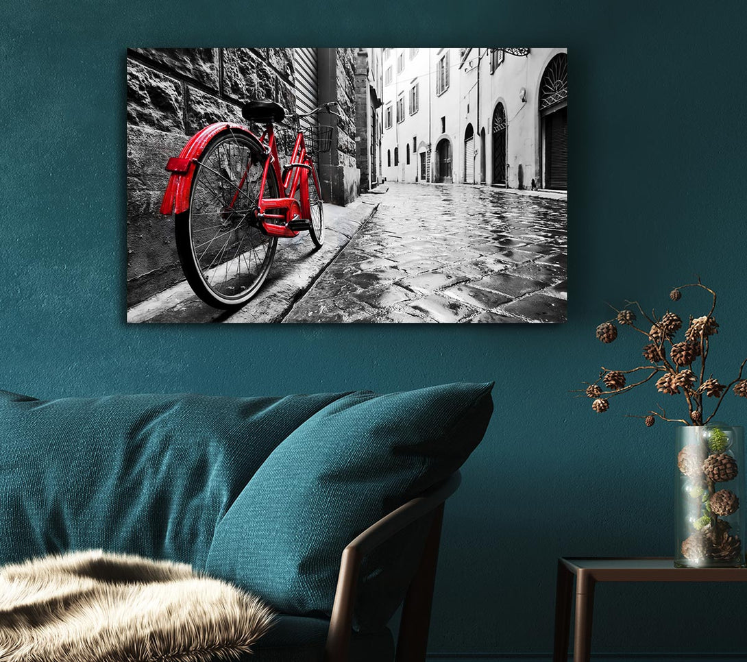 Picture of Red Bicycle In The Cobbled Streets Canvas Print Wall Art