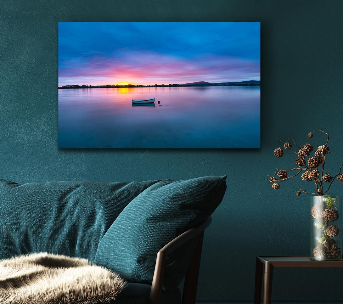 Picture of Small row boat on calm lake Canvas Print Wall Art