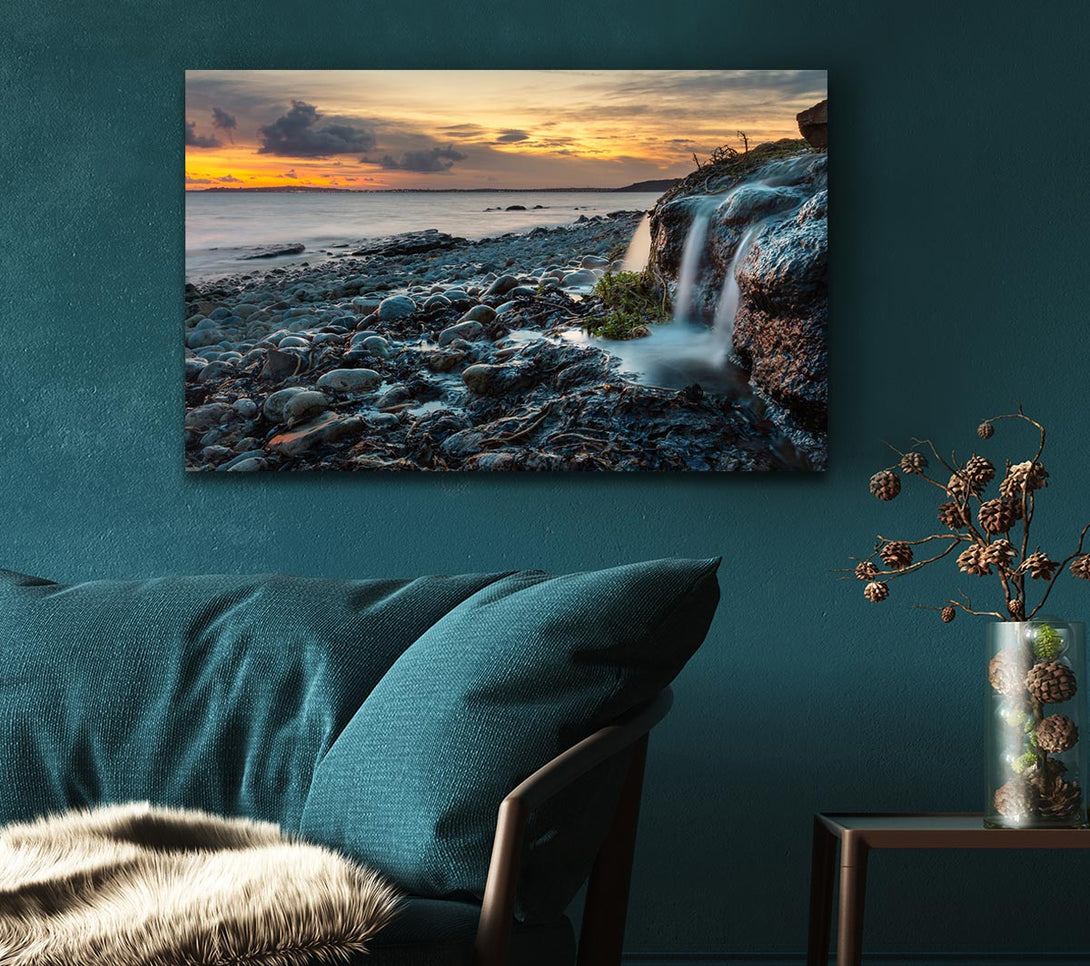 Picture of Water flows down the rocks into the sea Canvas Print Wall Art