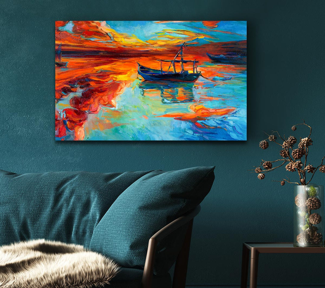 Picture of Row boat on the horizon of colour Canvas Print Wall Art