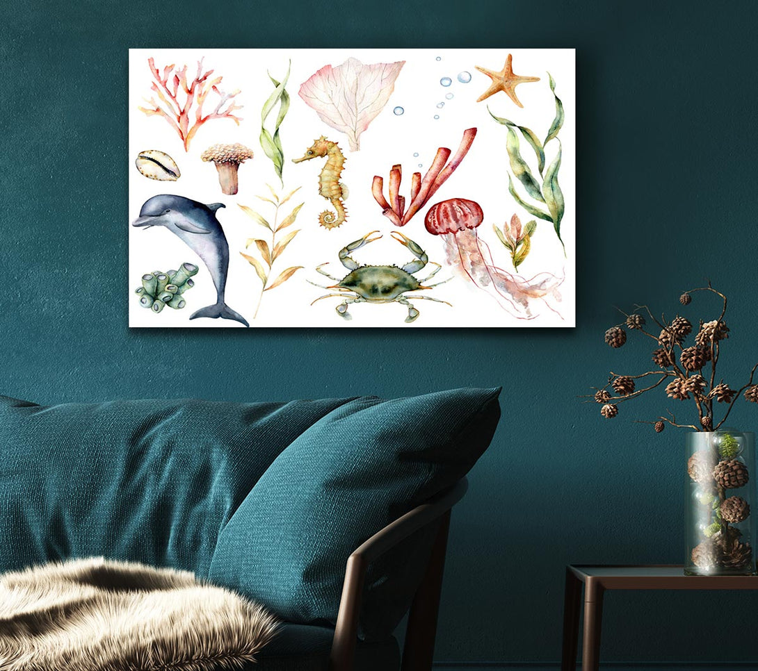 Picture of Water Colour Sea Creatures Canvas Print Wall Art