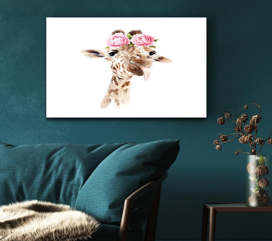 Picture of Roses On A Giraffe'S Head Canvas Print Wall Art