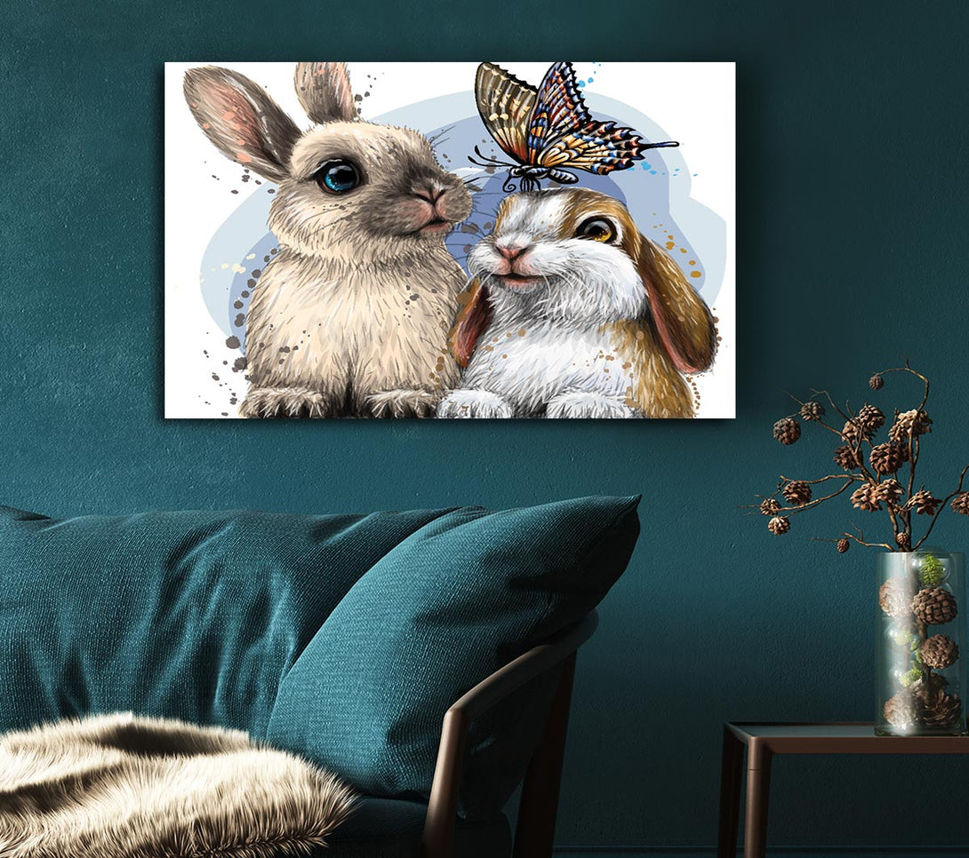 Picture of The Cute Bunnies With Butterfly Canvas Print Wall Art