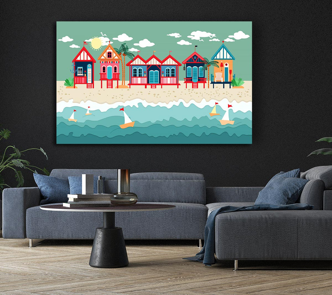 Picture of Beach Huts And Sailboats Canvas Print Wall Art