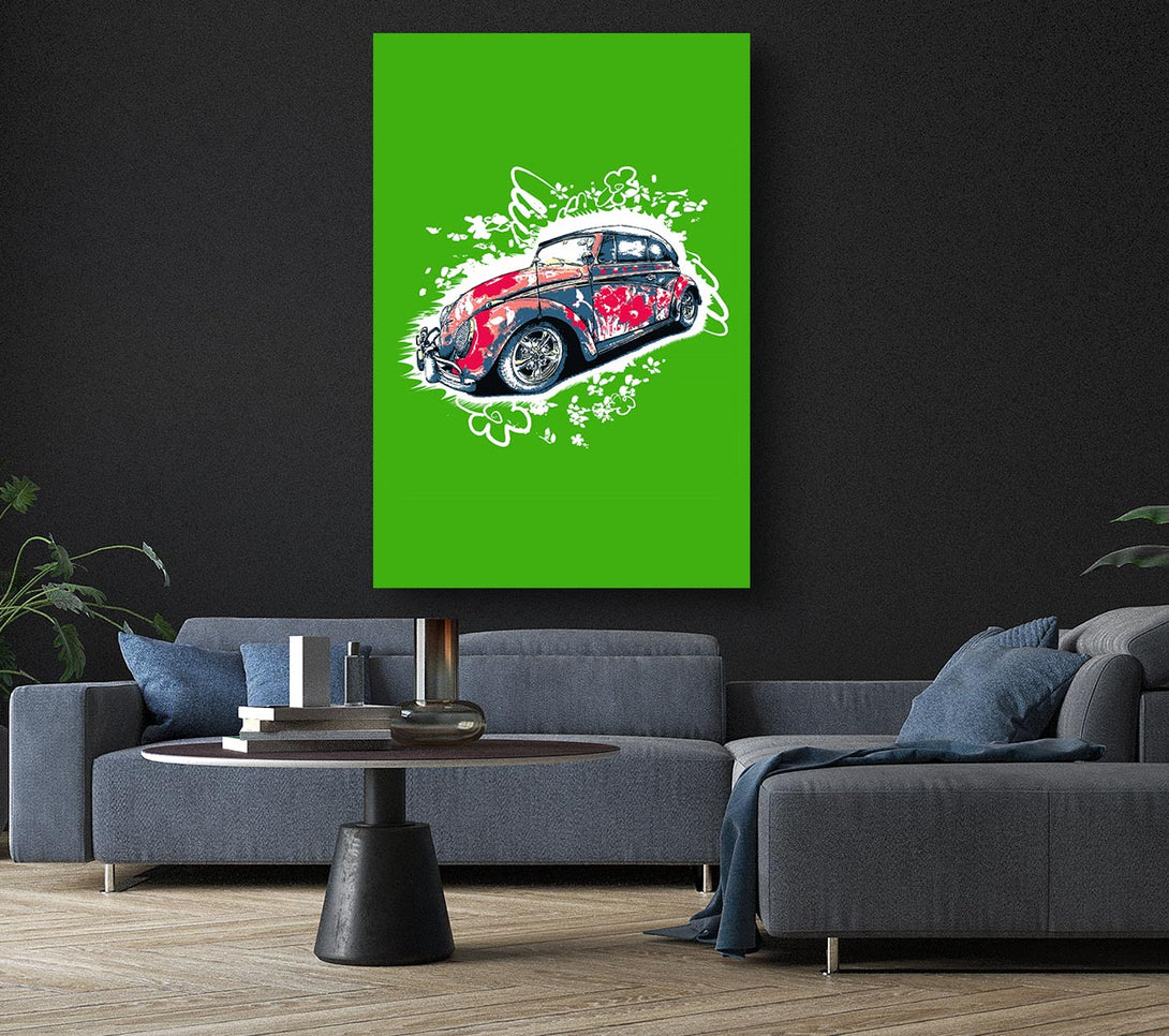 Picture of VW Beetle Flower Power Green Canvas Print Wall Art