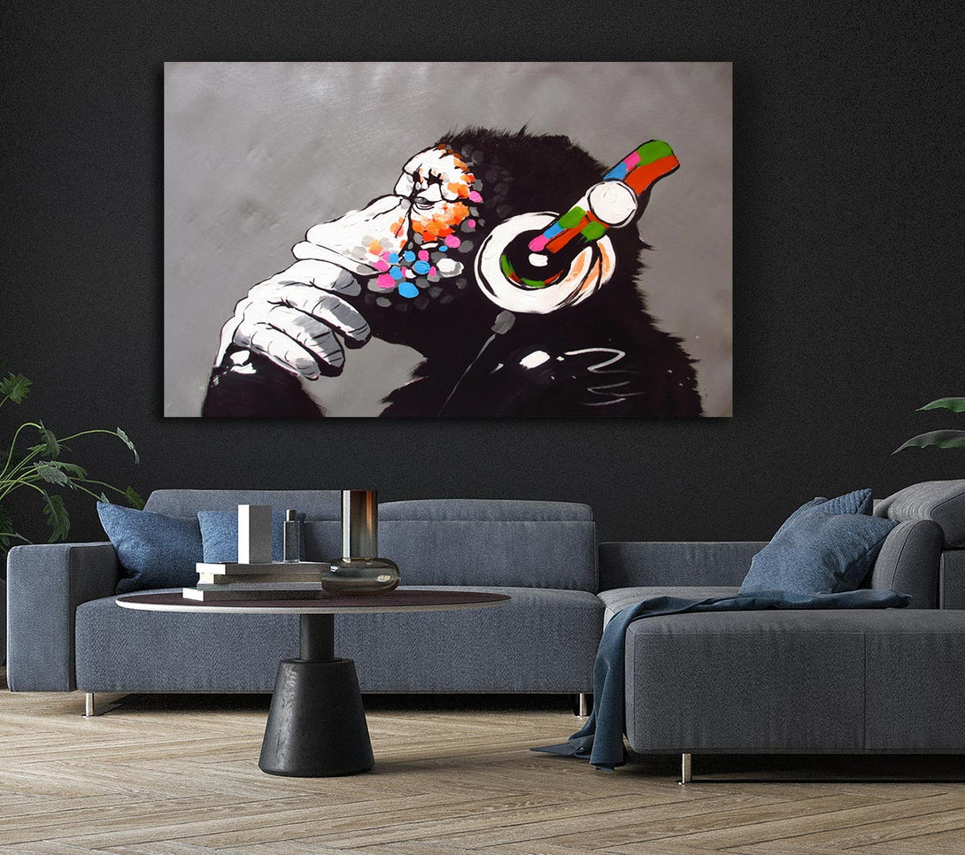 Picture of Chimp Headphones Thinking Canvas Print Wall Art