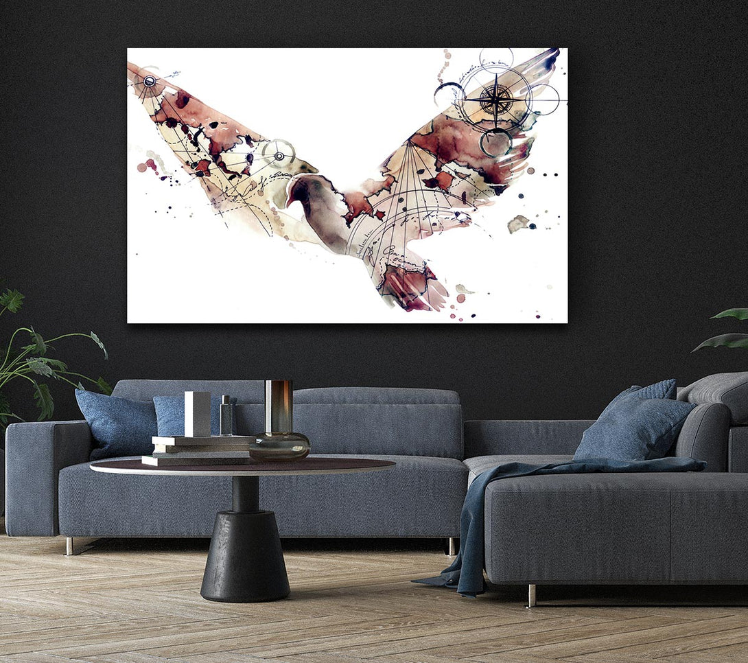 Picture of Dove in flight watercolour maps Canvas Print Wall Art