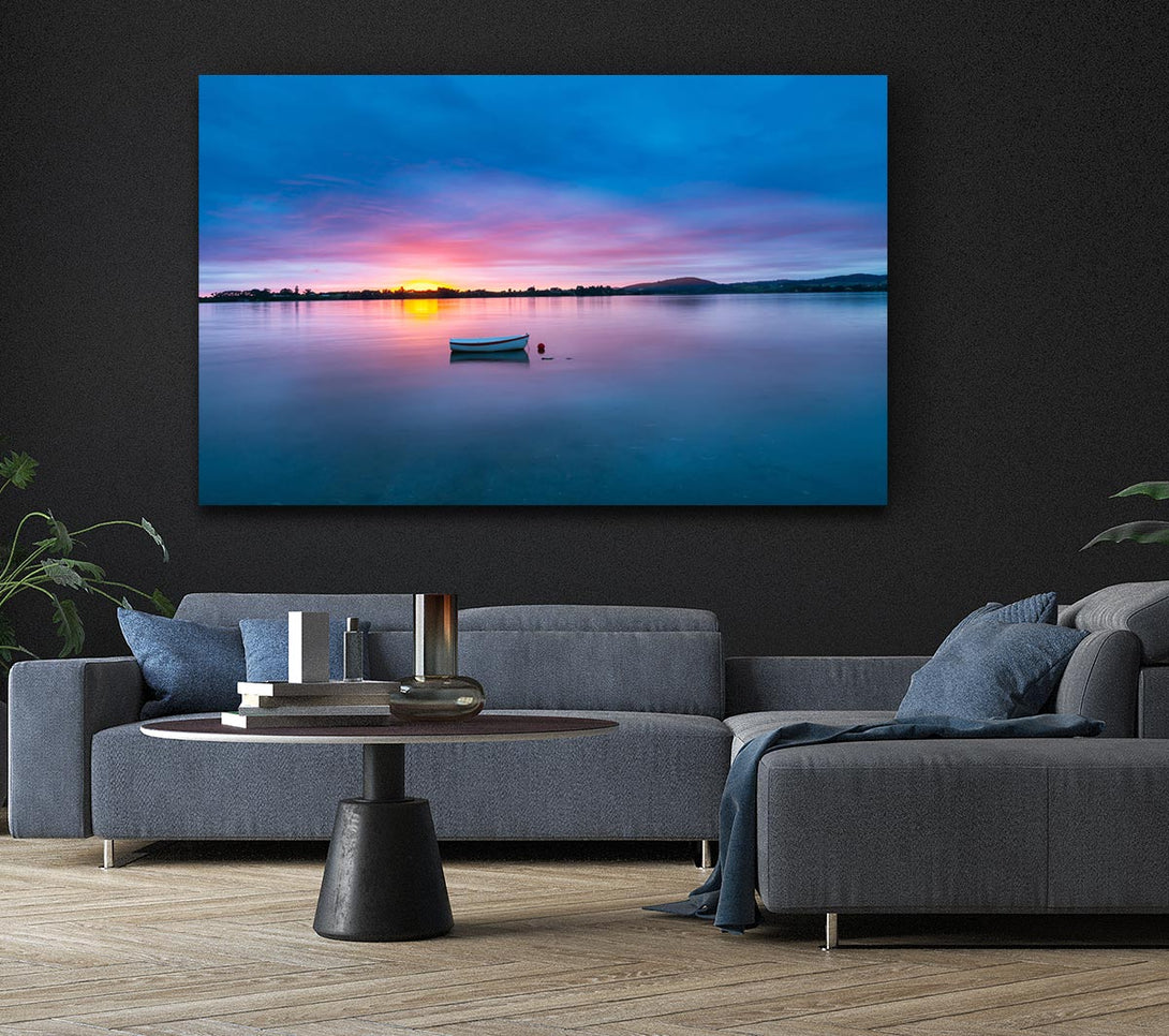 Picture of Small row boat on calm lake Canvas Print Wall Art