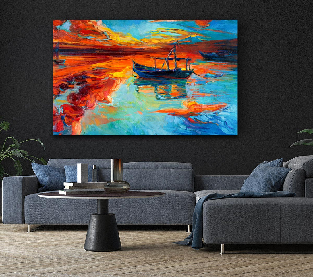 Picture of Row boat on the horizon of colour Canvas Print Wall Art