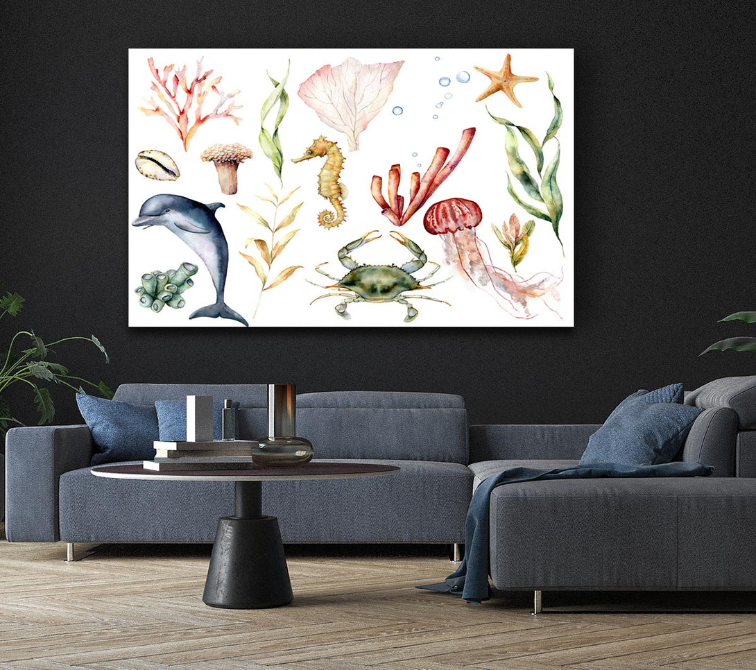 Picture of Water Colour Sea Creatures Canvas Print Wall Art