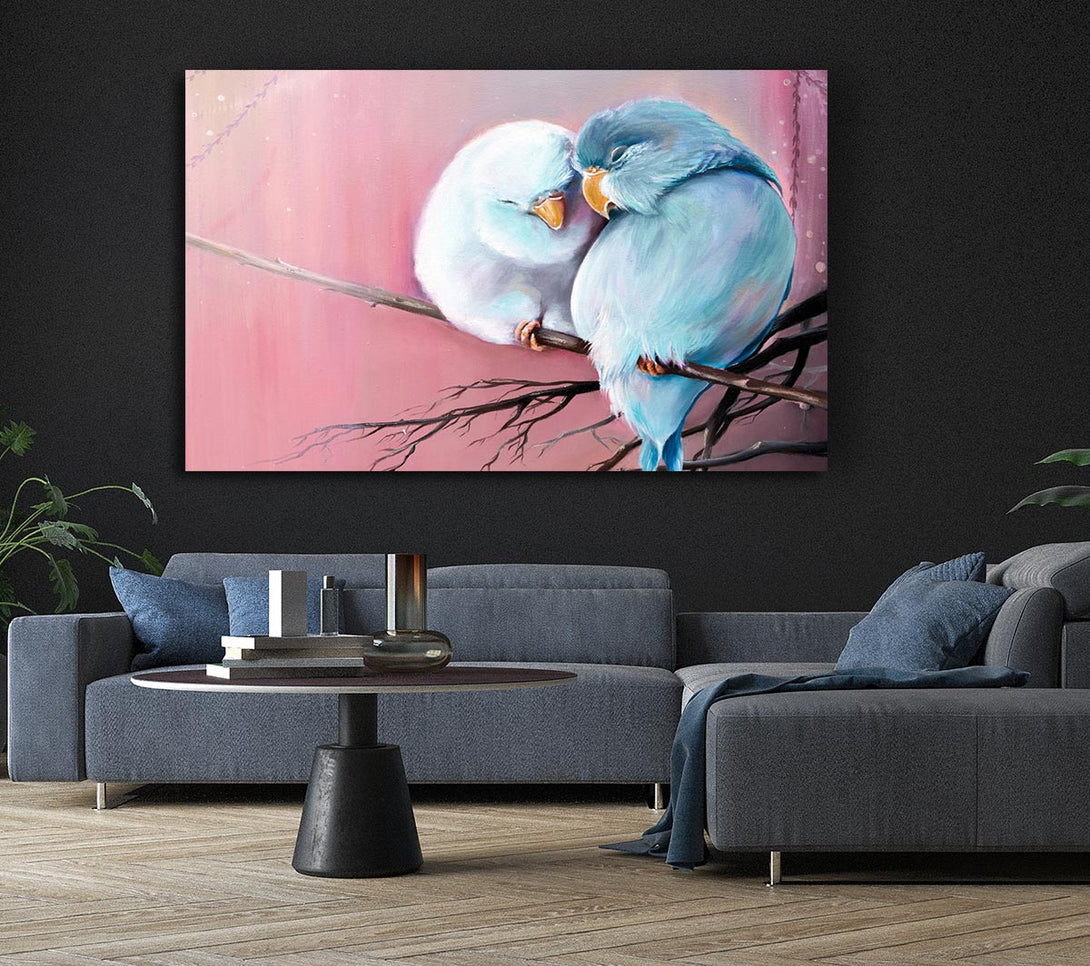 Picture of Two Love Birds On A Branch Canvas Print Wall Art