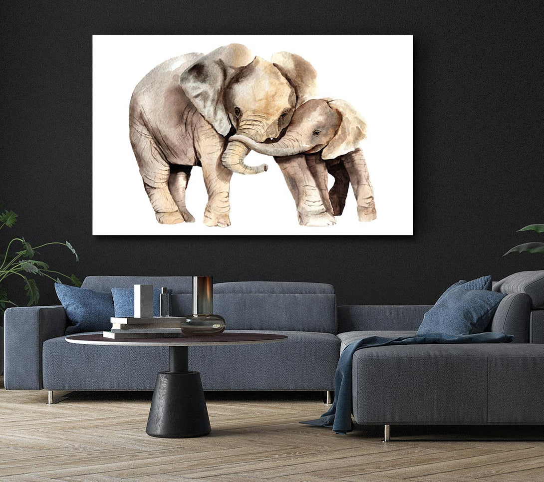 Picture of Elephants Holding Trunks Canvas Print Wall Art