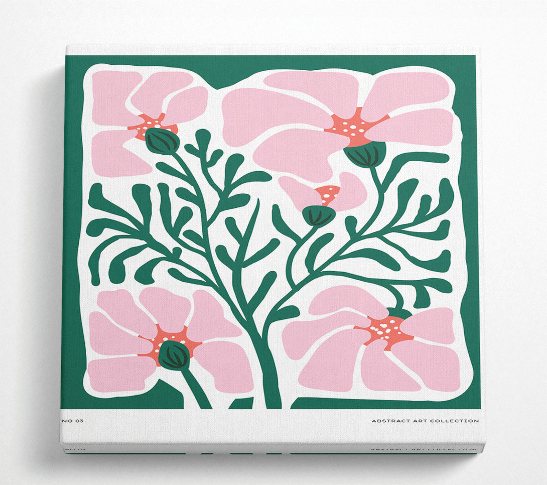 A Square Canvas Print Showing Pink Flowers On Green Square Wall Art