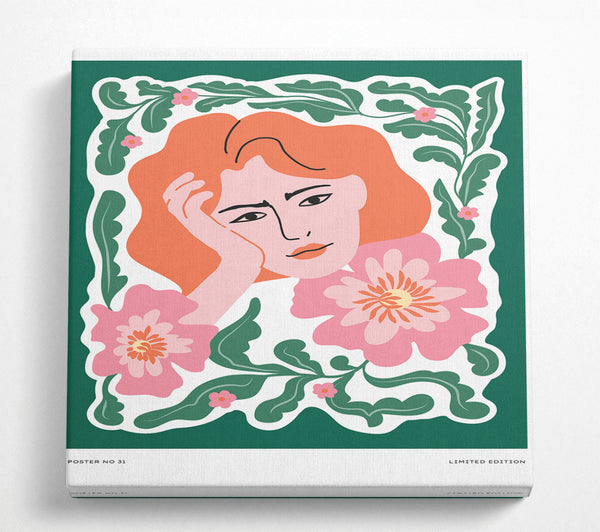 A Square Canvas Print Showing Pondering Woman Floral Square Wall Art